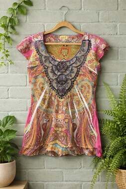 One World Y2K Boho Paisley Embellished Cap Sleeve Mesh Top Size S